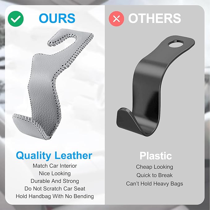 Car Seat Hooks for Purses and Bags, 2 Pack Car Purse Holder for Grocery Bag Handbag Clothes, Metal Headrest Hooks Covered by Leather, Gray