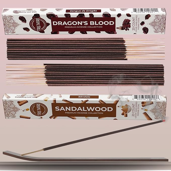 Trumiri Incense Sticks - Combo Pack of 40 Insence-Sticks - 20 Dragons Blood + 20 Sandalwood - Insenses - Insents - Incents - Inscense - Incence - Incienso - All Natural Incense Sticks