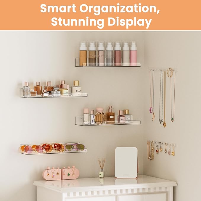 upsimples Acrylic Shelves for Bathroom Storage, 15" Floating Shelves Wall Organizer for Perfume, Makeup, Skincare, Kids Bookshelf for Bedroom, Nursery, Living Room Decor, Clear, 4 Pack