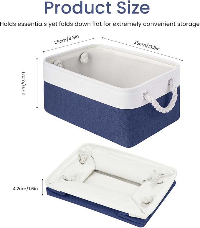 VQRTEXA Storage Baskets for Shelves 13.8x9.8x6.7 Inch, Foldable Fabric Storage Bins with Handles, Small Storage Baskets for Organizing Closet, Bathroom, Office, Home Organization (3-Pack, White&Blue)