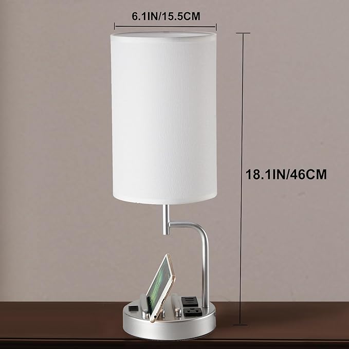 Dreamholder Table Lamp with 3 USB Charging Ports, Modern Desk Lamp with AC Outlet and Phone Stands, Perfect Bedside Lamp for Bedroom, Living Room, Office (Pack of 2), Silver