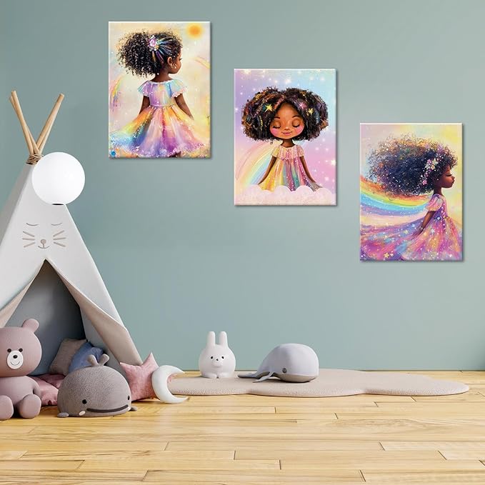 Black Girl Princess Wall Art, Rainbow Hair Girl Painting,Cute Afro Girls Art,Cute Black Girl Nursery Art,Whimsical Rainbow Art Print Set Poster,Black Kids Canvas Prints,Framed16 x 24inches X3piece