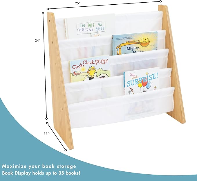 Humble Crew 4-Tier Kids Bookshelf, Natural Wood/White - Premium Book Shelf for Kids Rooms with Four Deep Pockets - Toddler Sling Book Rack with Deep Sleeves, Nursery Bookcase Organizer