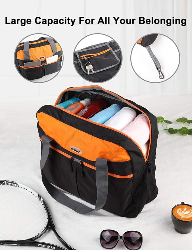 GOX Large Foldable Travel Duffel Bag Packable Tote Bag Carry on Luggage Weekender Overnight Bag Lightweight (Black&Orange)