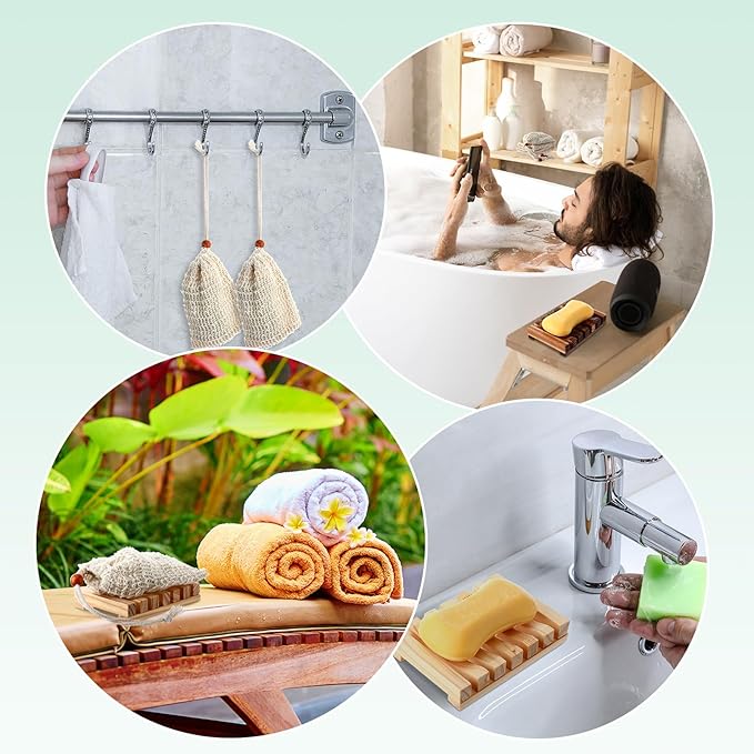 Mumufy 12 Pcs Wood Soap Dish and Exfoliating Bag Set 4.5 x 3.35 x 0.87 inches Self Draining Soap Saver Wood Tray for Bathroom Shower Travel(Mixed Color,Bamboo, Wooden)