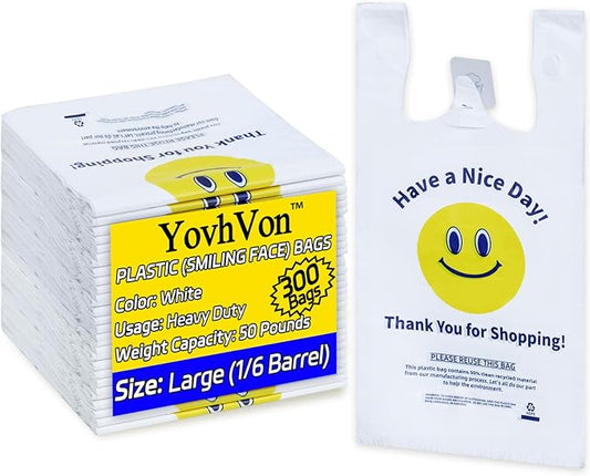 0.8Mil(20 Microns), 300 Count, Plastic Bags with Handles, T-Shirt bags, Thank You bags, Shopping Bag, Grocery Bag, |for Store, Carry, Pack|, White, 1/6 Barrel, Large 11"x6"x21", Heavy Duty