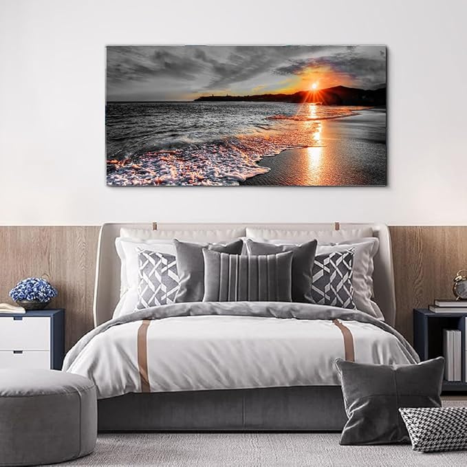 Yxbhhym-Bedroom Wall Decor Black and White Beach Pictures Canvas Wall Art for Living room Seascape Artwork for Walls Ocean Paitnings Poster Sea Sunset Art Print Framed Office Bathroom Decorations