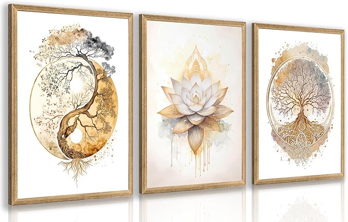 GELDSTEI Tree of Life Wall Art, Calming Zen Wall Decor, Abstract Yin Yang Tree Canvas Painting, Modern Gold Lotus Flower Meditation Poster Print for Living Room Yoga Room Bedroom Wood Framed 16"x24"x3