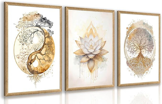 GELDSTEI Tree of Life Wall Art, Calming Zen Wall Decor, Abstract Yin Yang Tree Canvas Painting, Modern Gold Lotus Flower Meditation Poster Print for Living Room Yoga Room Bedroom Wood Framed 16"x24"x3