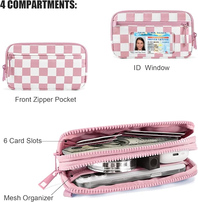 Checkered Wristlet Wallets for Women, RFID Wallet Crossbody with 4 Zippers, Credit Card Holder Cell Phone Organizer