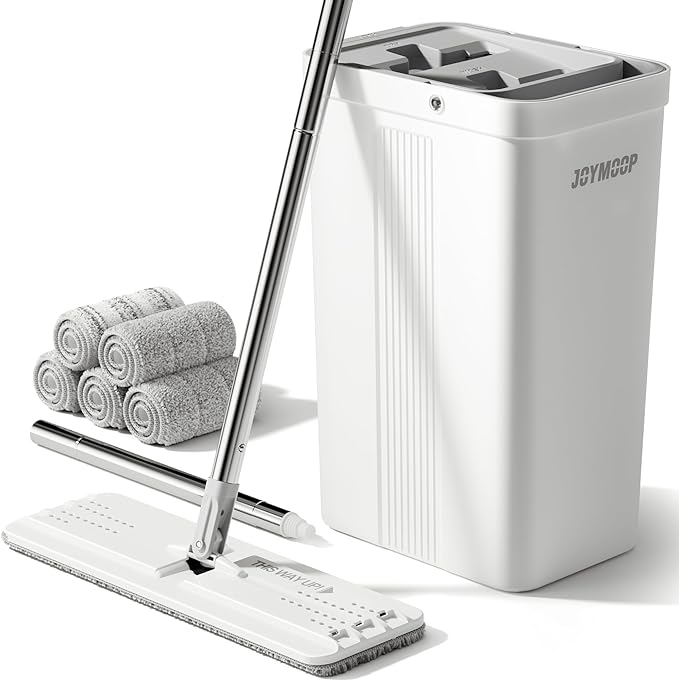 JOYMOOP Mop and Bucket Set, Flat Mops for Household & Commercial Floor Cleaning, Wet Dry Mops for Walls & Hardwood Floors, Wall Cleaner with Long Handle, Includes 5 Microfiber Pads