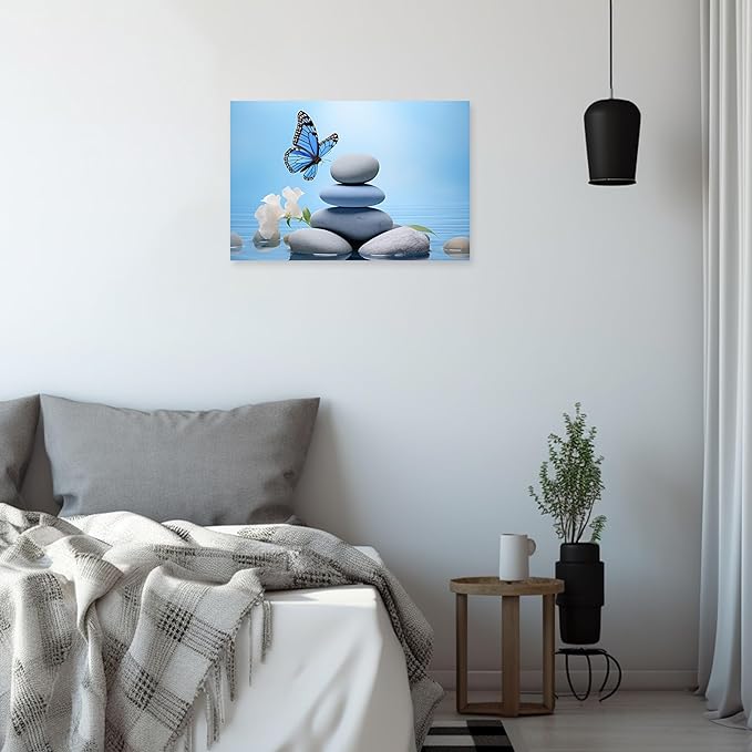 ARTZGX Zen Wall Art for Bathroom Zen Stone Picture Blue Butterfly Painting Still Life Artwork for Yoga Room Decor Frame(Zen - C 24.00" x 36.00")