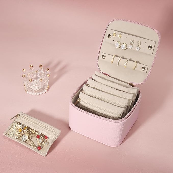 DesignSter Small Jewelry Box, Travel Small Jewelry Organizer with Earring Tray and Ring Holder, Square Travel Jewelry Storage Case with 6 Velvet Jewelry Pouches, Pink