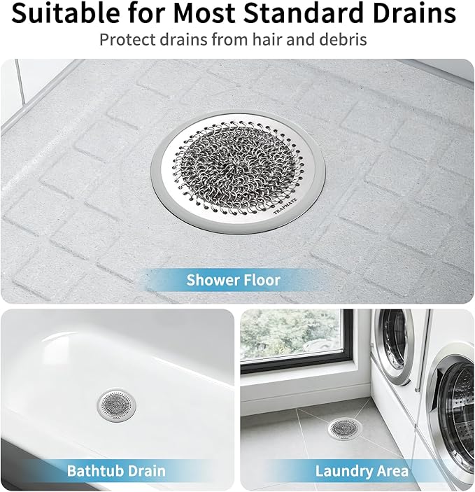 TRAPMATE Shower Drain Hair Catcher, Patented Bathtub Stopper Drain Strainer Kit, Fast Drainage Stainless Steel Shower Drain Cover for US Standard Flat Drains of Bathroom and Shower Room