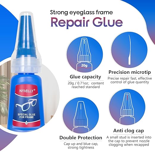 Nynelly 20 g Super Glue for Glasses Frames Repair and Bonding, Instant Strong Adhesive for Repairing Broken Frames Plastic Wood Metal Rubber Leather, Clear Liquid Glue Adhesive, Quick Dry