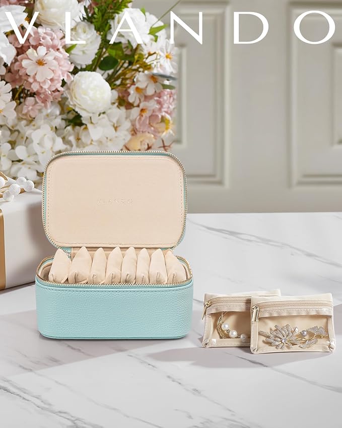 Vlando Jewelry Travel Case,Travel Jewelry Organizer with Clear Velvet Jewelry Bags 8Pcs Zipper Pouch for Women Girl GiftLake Blue