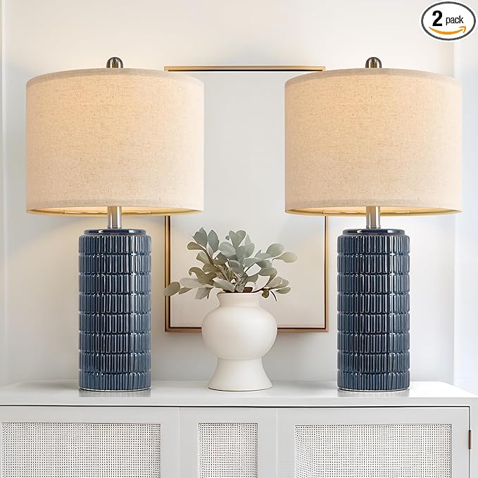 PoKat 23" Blue Table Lamps, Farmhouse Bedside Lamps for Bedroom Set of 2, Ceramic End Table Lamps for Living Room, Traditional Nightstand Desk Lamps, Medium