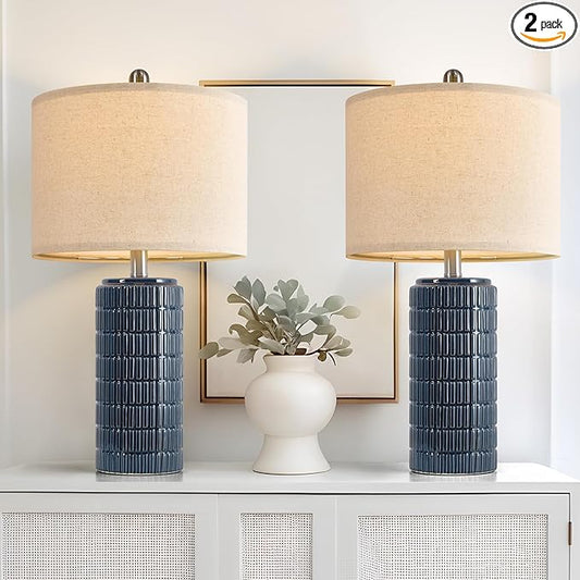 PoKat 23" Blue Table Lamps, Farmhouse Bedside Lamps for Bedroom Set of 2, Ceramic End Table Lamps for Living Room, Traditional Nightstand Desk Lamps, Medium