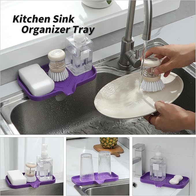 Silicone Bathroom Soap Dishes with Drain Spout - Bathroom and Kitchen Sink Organizer, Sponge Holder, Dish Soap Tray, Perfect for Dispenser, Scrubber, Bottle, Cup on Sink or Counter - Purple 9.6" × 5.3"