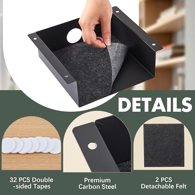 2 Pack Under Desk Hanging Shelf, Carbon Steel Storage Tray with Mute Felt Sheets, Mount Shelves Organizer for Office Home Workstation Gaming Desk Stand up(7.5x8x2.8 In/Storage Shelf,Black)