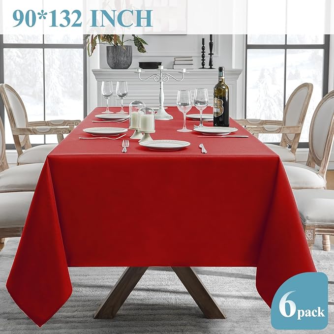 VidaFete Tablecloth 6 Pack 90 * 132inch Rectangle Table Cloth Polyester, Stain Wrinkle Resistant Polyester Dining Table Cover for Kitchen Dining Party Wedding Rectangular Buffet Decoration(Red)