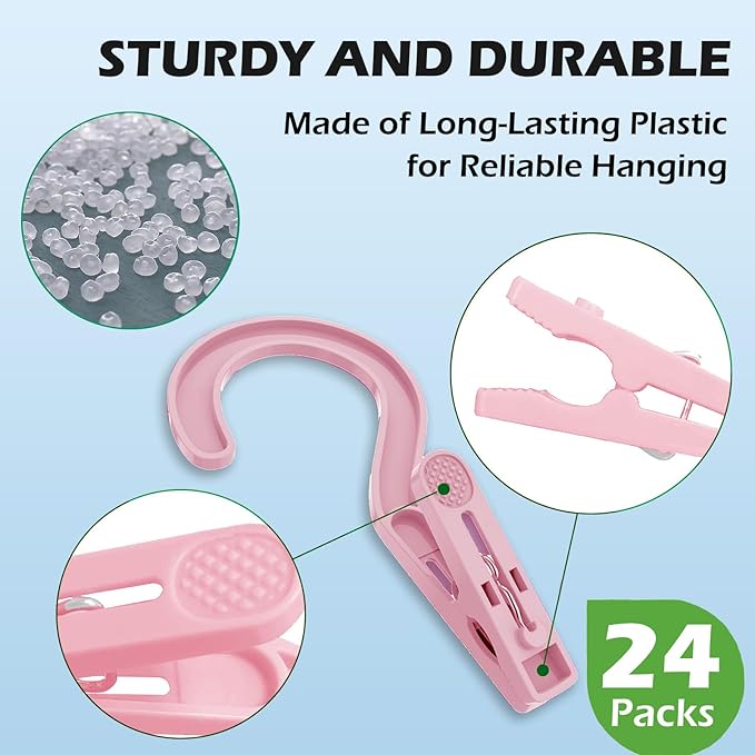 24pcs Laundry Hooks Clip Plastic Clothes Hangers Pins Super Strong Hanger Clips for Bathroom Travel Portable,Pink