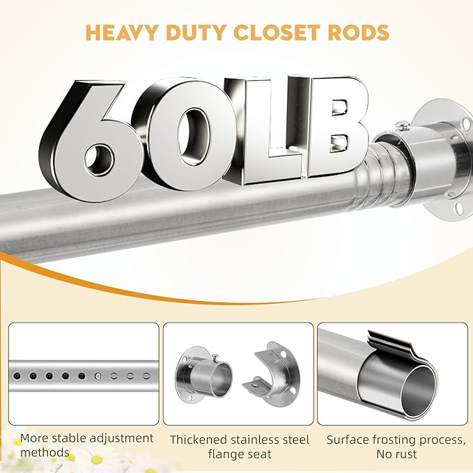 1.3 Inch Diameter Closet Rods for Hanging Clothes, 17-28 Inch Adjustable, Metal Heavy Duty Closet Pole, Silver Closet Bar for Hanging Clothes, Suitable for Closets, Wardrobes, Bathrooms, Windows