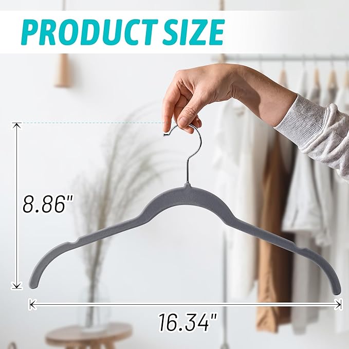 Premium Velvet Shirt Hangers 30 Pack, Space-Saving Non-Slip Felt Hanger with 360° Swivel Hook, Slim Flocked Hangers for Strappy Dresses, Blouses, Tank Tops (Grey)