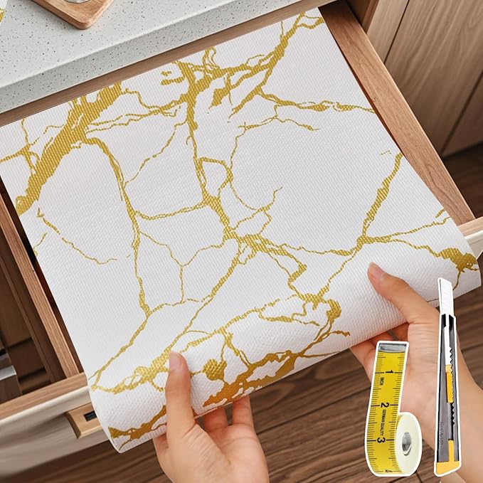 Drawer and Shelf Liner for Kitchen Cabinet, Non-Slip, Waterproof Shelf Paper, 17.5 in X 20 Ft, Non-Adhesive Refrigerator Liners, Gold White Marble, Easy Liners for Bathroom Cupboard