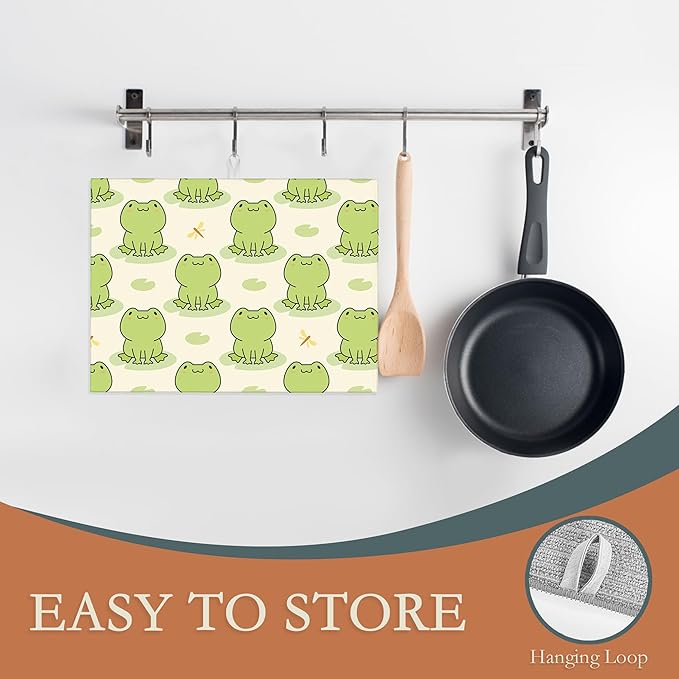 UIUPRO Cute Green Frog Dish Drying Mats 18x24 Inch, Dish Pad Drying Rack Mat for Kitchen Counter Ultra Absorbent Microfiber Dishware Coffee Maker Bar Countertop Decor