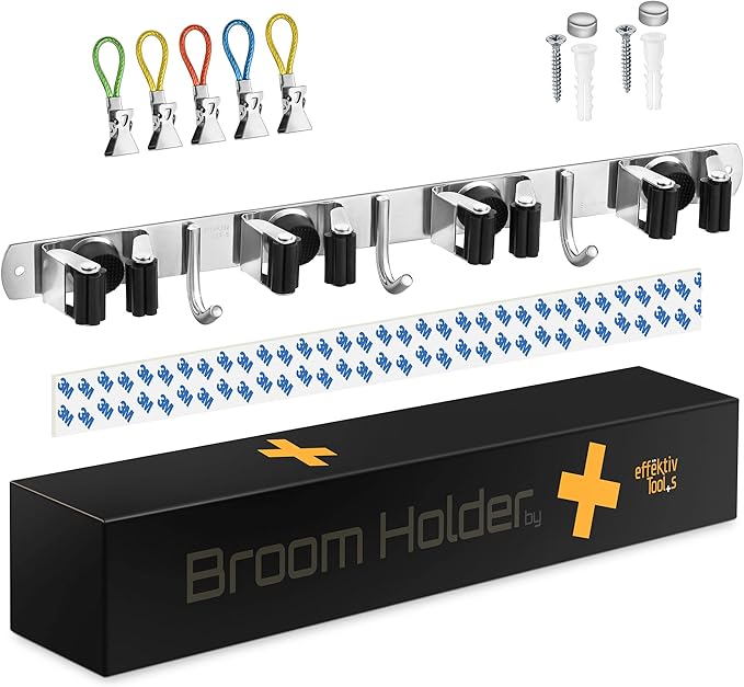 2 Pack Mop and Broom Holder Wall Mount – Self-Adhesive Stainless Steel broom hanger organizer – 4 Clamps, 3 Hooks – Holds Up to 40 Lbs