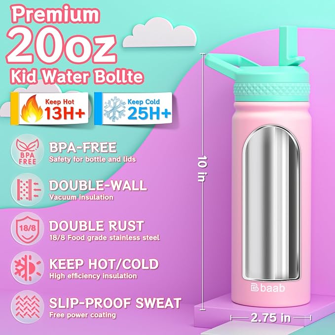 baab 20oz Kids Water Bottle, Insulated Water Bottle with Straw & Stickers, 18/8 Stainless Steel Vacuum Leakproof Kids Water Straw Cup for School, Perfect for Boy Girl (Pink+Purple, 2 Pack)