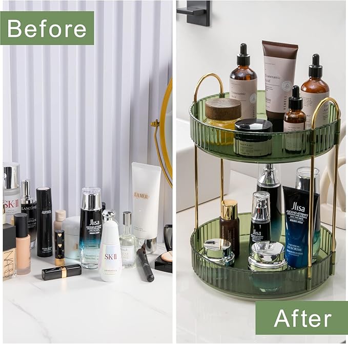 Rotating Makeup Organizer for Vanity, High-Capacity Skincare Makeup Storage Perfume Organizers Cosmetic Dresser Organizer Countertop 360 Spinning (Green, 3 Tier)