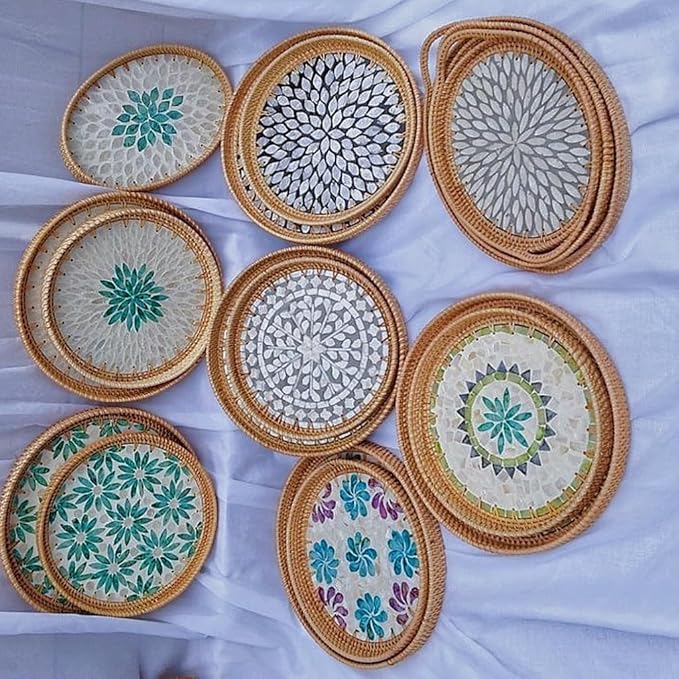 Handmade Round Rattan Tray with Mother of Pearl Inlay, Rattan Serving Tray with Wooden Base, Table Decoration with Wicker Baskets, for Storing and Displaying Bread, Fruit, Desserts (Green Grape)
