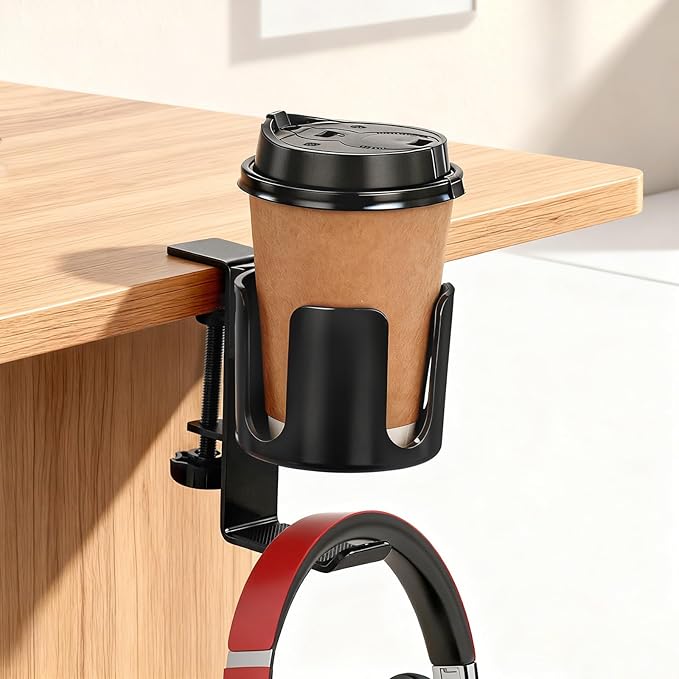 Desk Cup Holder Clamp with Headset Hook, Anti-Spill Water Bottle Stand Clip On Table Edge or Chair Armrests, Office Accessories for Coffee Drink Mug Bottles