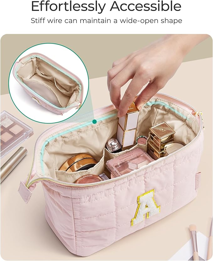 BAGSMART Birthday Gifts Personalized Initial Makeup Bag, Trendy Stuff Gifts for Women Bridesmaid Graduation, Puffy Padded Make Up Bags for Women, Wide-open Toiletry Bag, Pink J