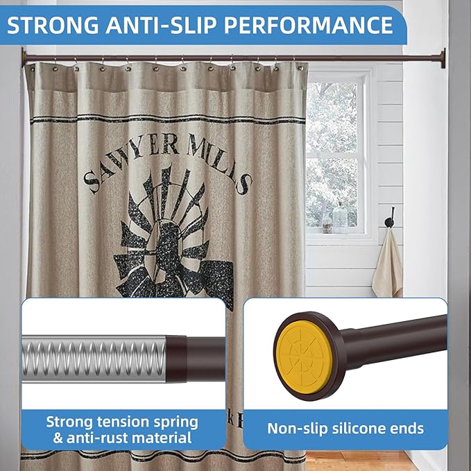 CorkLatta Matte Bronze Shower Curtain Rod,1 Inch Diameter Stainless Steel Adjustable Spring Tension Rods 32 to 68",with Holders,Anti-Slip,Curtain Rods No Drilling(1 Pack)