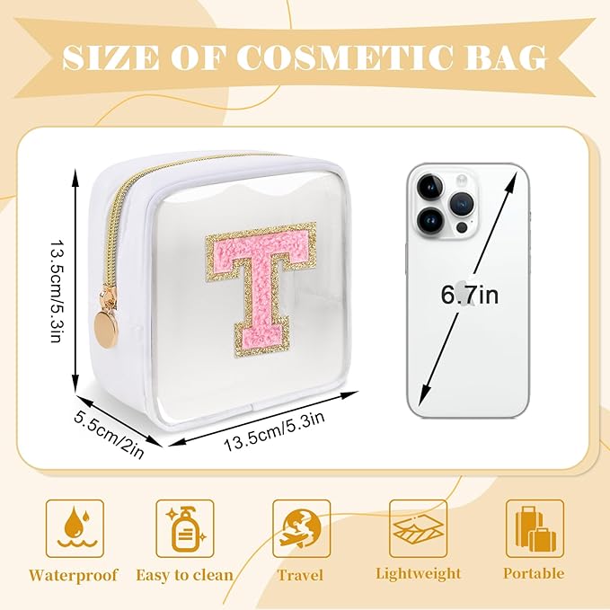 Personalized Initial Letter Clear Preppy Makeup Bag, Mini Nylon Chenille Letter Cosmetic Bag, Cute Zipper Pouch Purse for Teen Girls, Portable TSA Approved Beach Travel Essentials Bag, Gift for Women, T