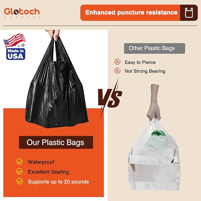 Glotoch 1000 Count Plastic T-shirt Bags Plain Black, 11.5 x 6.5 x 21" Grocery Shopping Bags with Handles for Restaurant, Retail, Takeout, Convenience Stores, Kitchen Trash, in Bulk for Small Business
