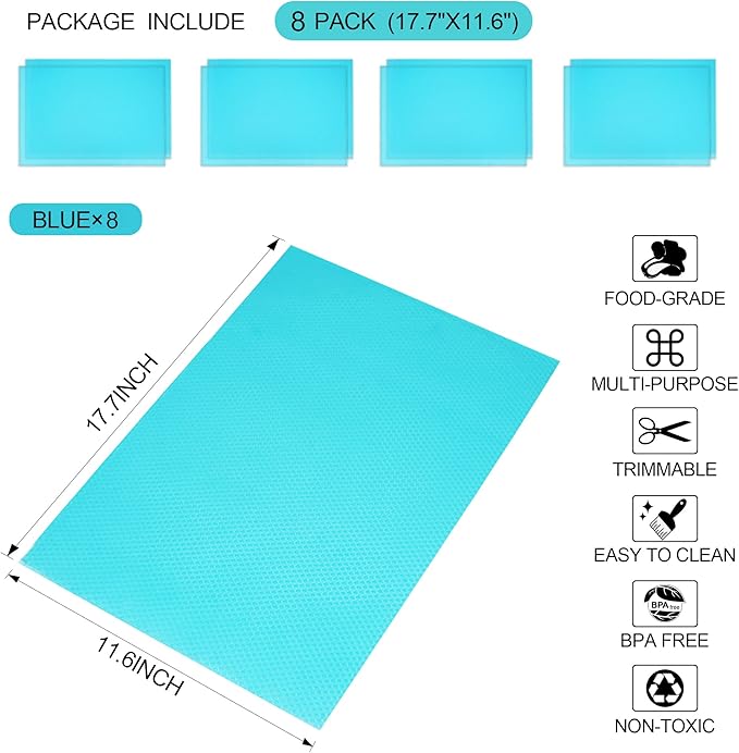8 Pcs Refrigerator Liners Mats Washable, Refrigerator Mats Liner Waterproof Oilproof, Shinywear Fridge Liners for Shelves, Cover Pads for Freezer Glass Shelf Cupboard Cabinet Drawer (8 Blue)