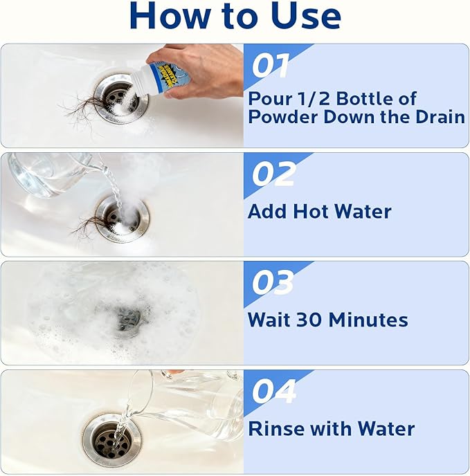 Sink and Drain Cleaner Powder Kit: Fast-Acting Clogged Pipe Opener for Kitchen Bathroom Pipes and Floor Drains - Drain Clog Remover for Routine Home Plumbing Maintenance (5 pack)