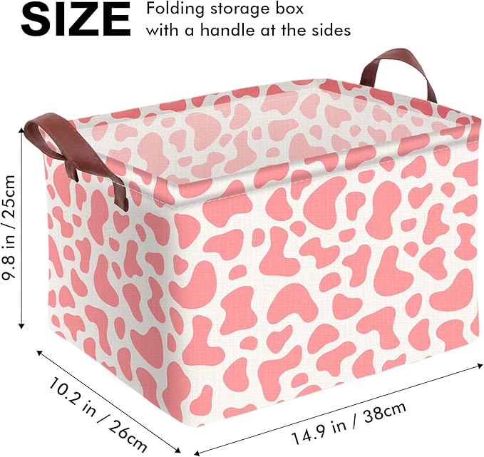 Pink Cow Print Storage Basket Waterproof Canvas Toy Storage Bin Cute Room Decor Collapsible Outdoor Basket with Leather Handles Pink Decor Blanket Baskets For Closets,Bedrooms,Gifts Baskets