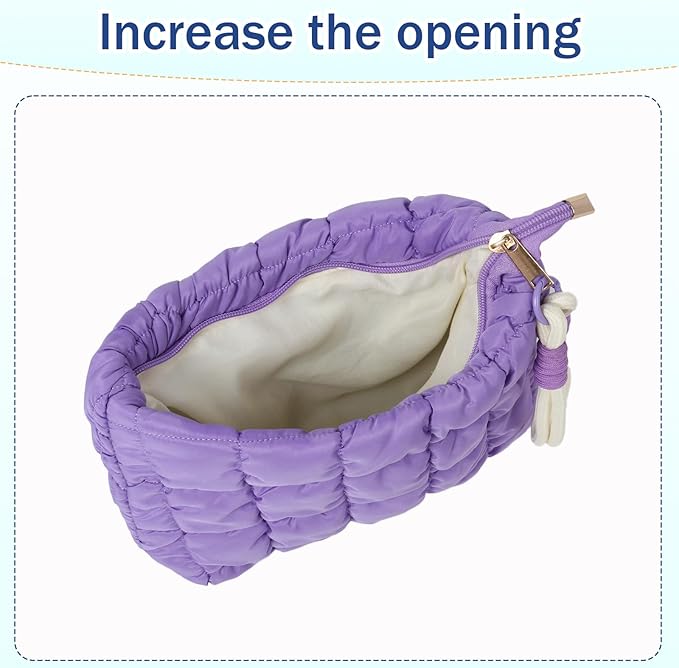 Puffy Quilted Makeup Bag Cosmetic Bag Equipped with a Detachable Handle Cute Zipper Pouch for Storage Clutch for Women(Purple)