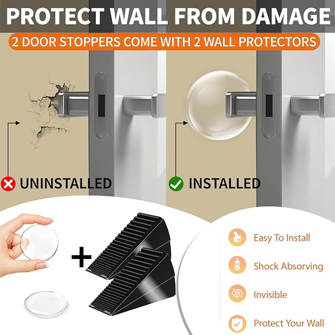 ZDZQJIA Heavy Duty Door Stoppers for Bottom of Door - Adjustable Spring Large Door Stop Wedge, Anti-Slip Rubber Grip,3" High Metal Doorstop Suits Carpet,Tile,Commercial,Home-Black2Pc+2 Wall Protectors