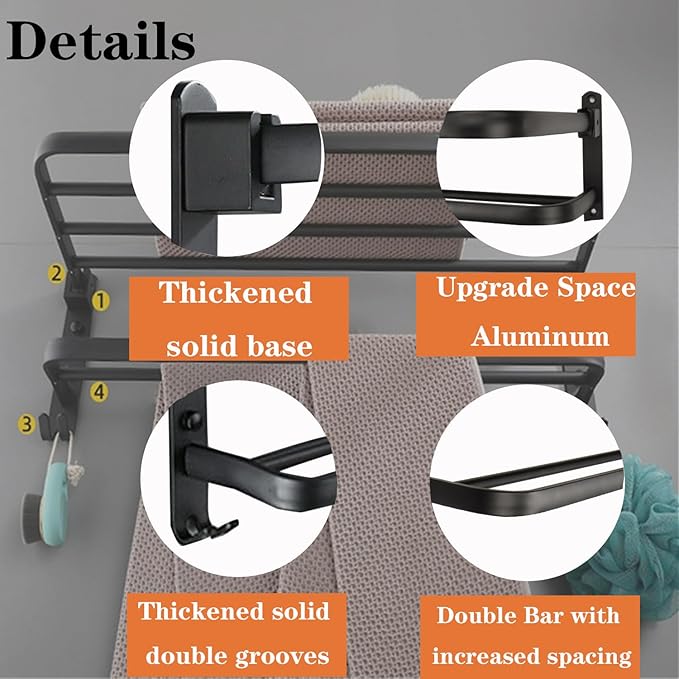 Towel Rack for Bathroom, Bath Towel Holder with Double Towel Bar and Foldable Towel Shelf, Rustproof Towel Organizer Wall Mounted Towel Storage Hanger for Bath/Balcony/Lavatory (16in Black)