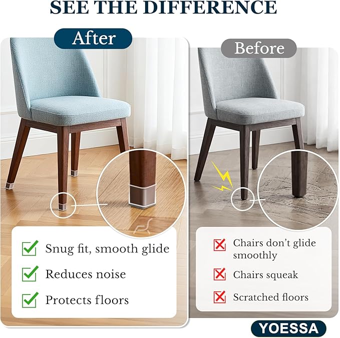 32 Pcs Square Chair Leg Floor Protectors, Clear Silicone Chair Leg Caps Covers Sliders for Hardwood & Tile Floors, Stay-On Tight Fit Design, Scratch-Free & Noise Reduction (S Fits: 3/4" to 1-1/16")
