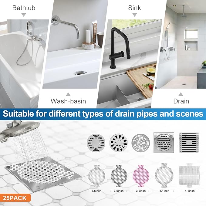 INVIHUG Disposable Shower Drain Hair Catcher Mesh Stickers, 25 Pack, Hair Catcher for Shower (White, 25pcs) NRHC-01