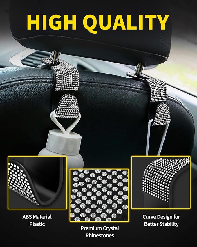 MEALAM 4 Pack Blink Diamond Car Seat Headrest Hooks Crystal Rhinestone Car Purse Holder Universal Interior Accessories for Handbags, Water Bottles, Coats, Umbrellas, White