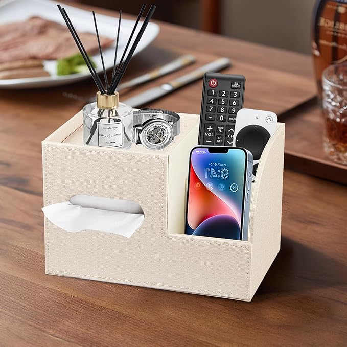 Leather Square Tissue Box Cover with Storage Tray,Cube Tissue Box Holder,Modern Facial Paper Organizer with Remote Control Holder for Bathroom,Vanity Countertop,End Table NightStand Home Office.Beige