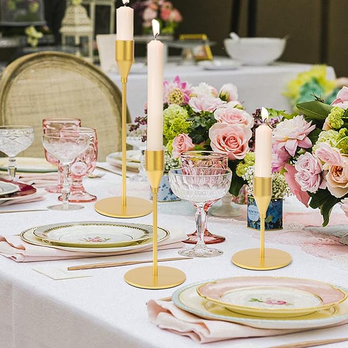 Matte Gold Candle Holders Bulk Painted Gold Metal Candlesticks Fit 0.8 Inch Taper Candles Decorative Metal Candelabra for Wedding Home Holiday Anniversary Party Dinning Table Decors (Set of 24)